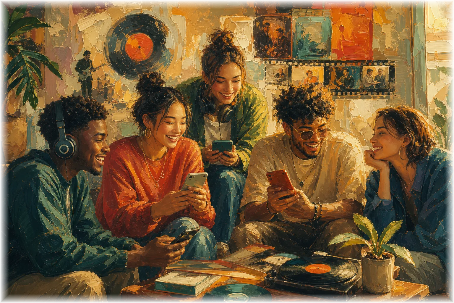 Friends connecting through shared music and movie taste